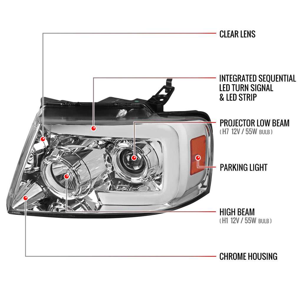 2004-2008 Ford F-150/ 2006-2008 Lincoln Mark LT Switchback Sequential LED C-Bar Projector Headlights (Chrome Housing/Clear Lens)