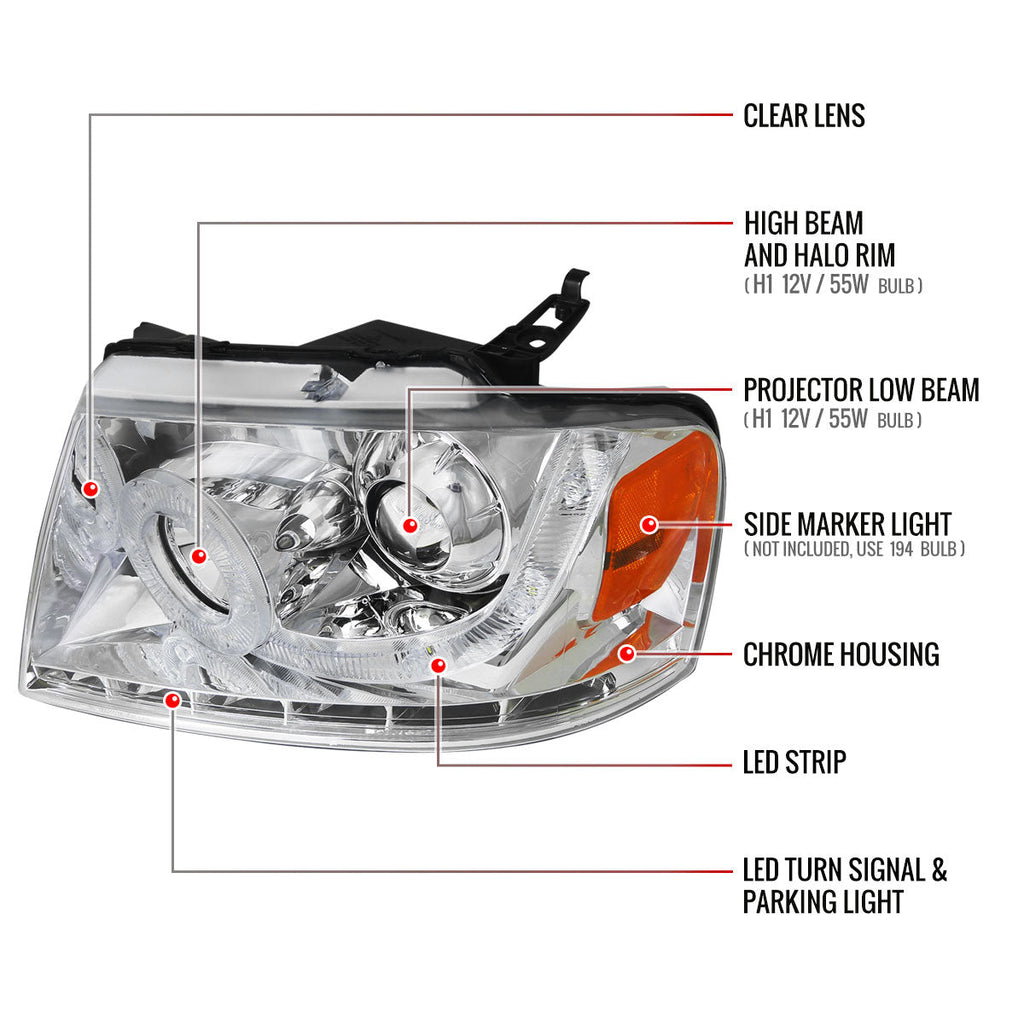 2004-2008 Ford F-150/ 2006-2008 Lincoln Mark LT Halo Projector Headlights w/ SMD LED Light Strip & LED Turn Signal Lights (Chrome Housing/Clear Lens)