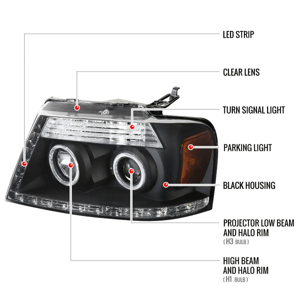 2004-2008 Ford F-150/ 2006-2008 Lincoln Mark LT Dual Halo Projector Headlights w/ LED Light Strip (Matte Black Housing/Clear Lens)