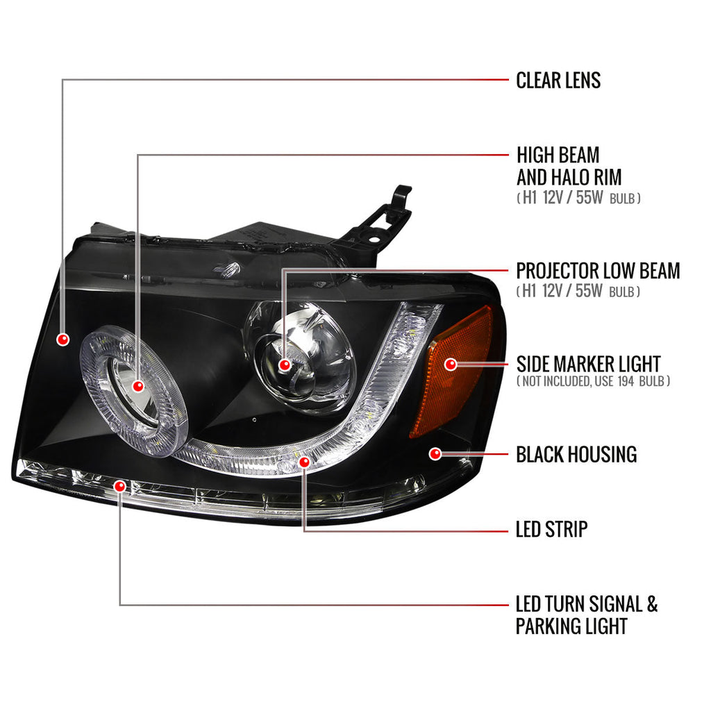 2004-2008 Ford F-150/ 2006-2008 Lincoln Mark LT Halo Projector Headlights w/ SMD LED Light Strip & LED Turn Signal Lights (Matte Black Housing/Clear Lens)