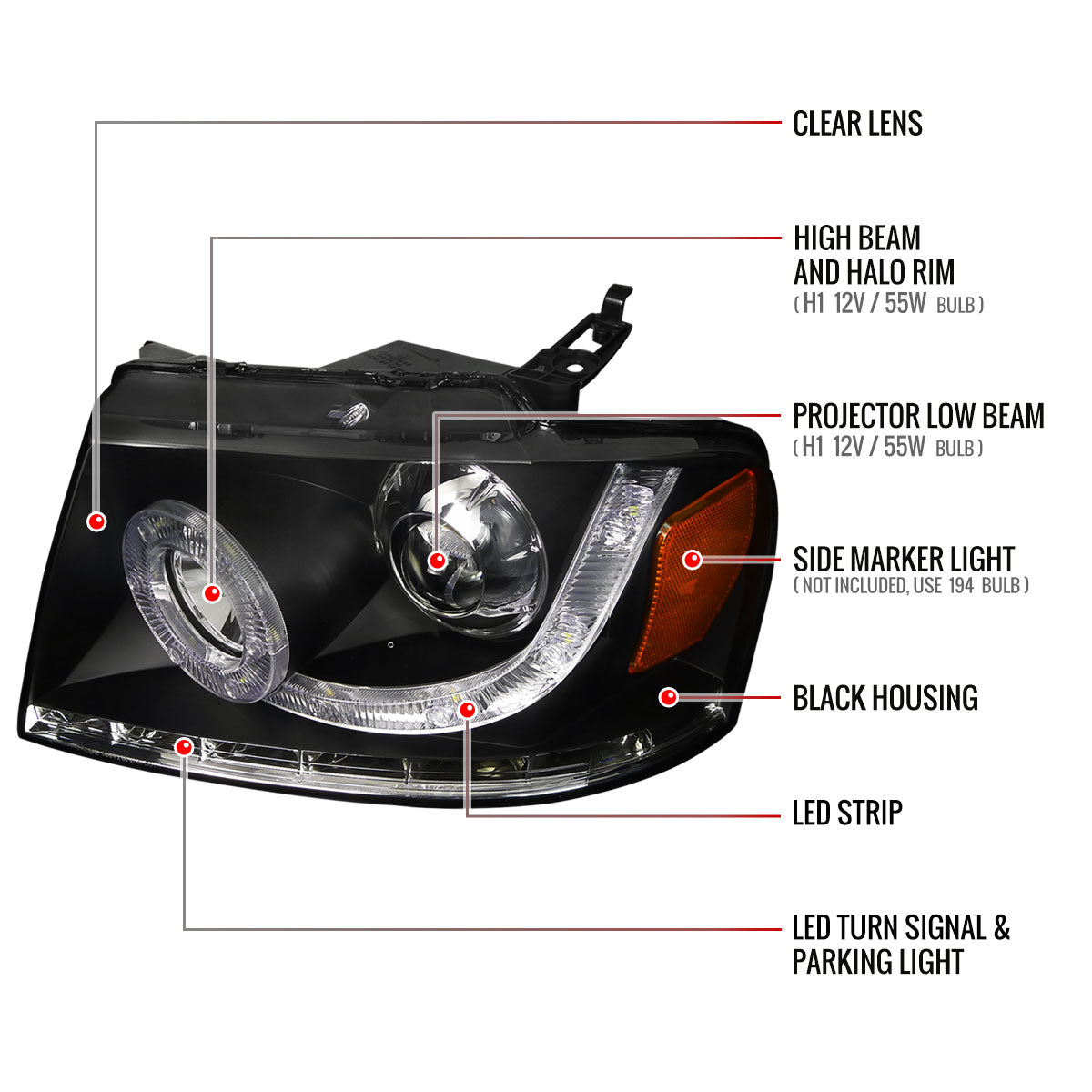 2004-2008 Ford F-150/ 2006-2008 Lincoln Mark LT Halo Projector Headlights w/ SMD LED Light Strip & LED Turn Signal Lights (Matte Black Housing/Clear Lens)