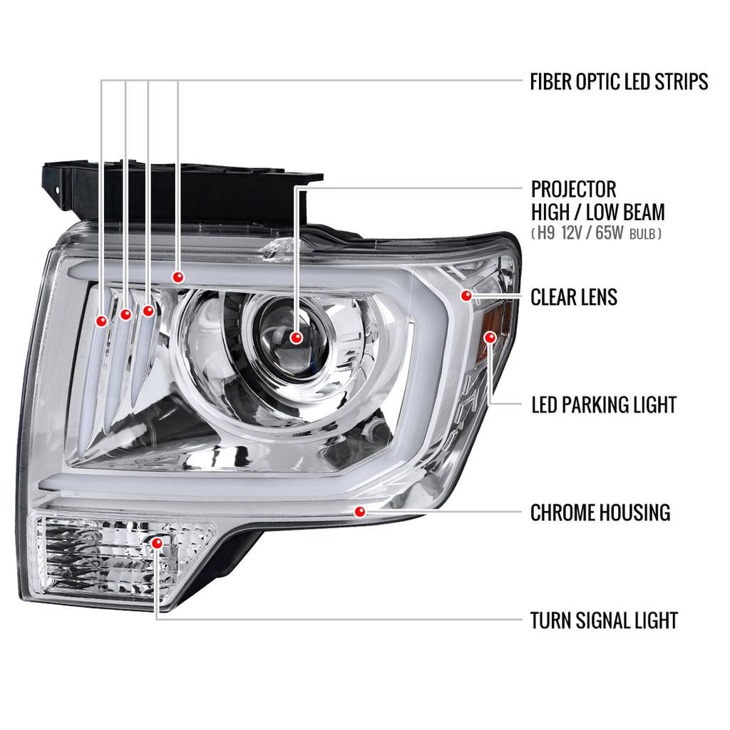 2009-2014 Ford F-150 LED C-Bar Projector Headlights (Chrome Housing/Clear Lens)