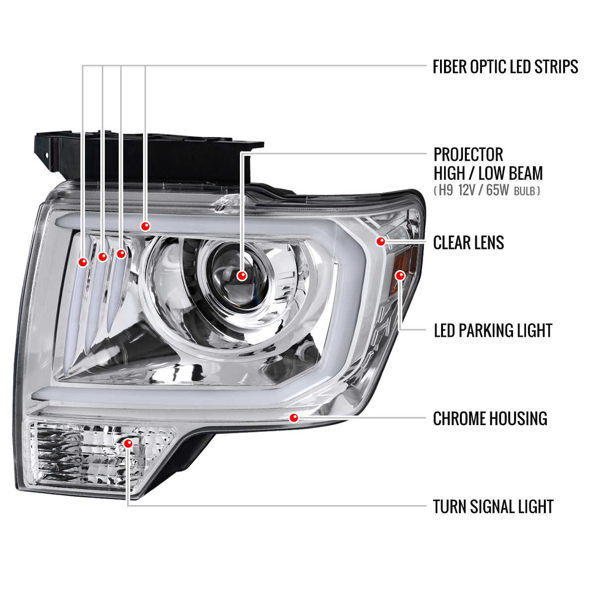 2009-2014 Ford F-150 LED C-Bar Projector Headlights (Chrome Housing/Clear Lens)