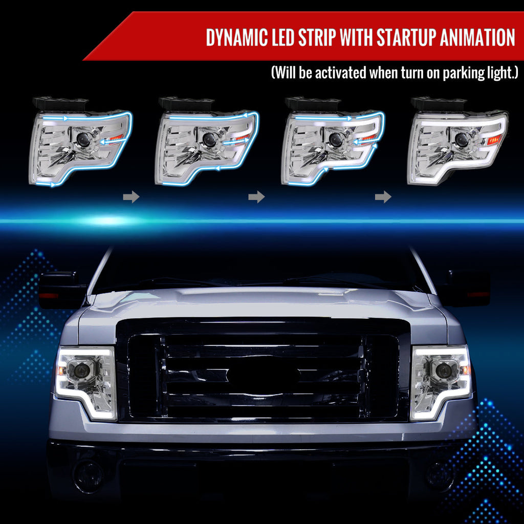 2009-2014 Ford F-150 Switchback Sequential LED Turn Signal Projector Headlights (Chrome Housing/Clear Lens)