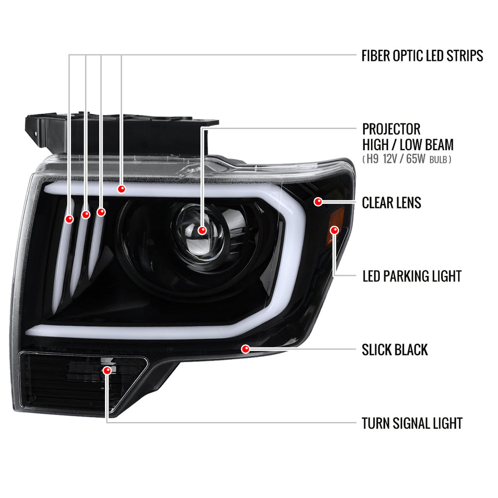 2009-2014 Ford F-150 LED C-Bar Projector Headlights (Jet Black Housing/Clear Lens)