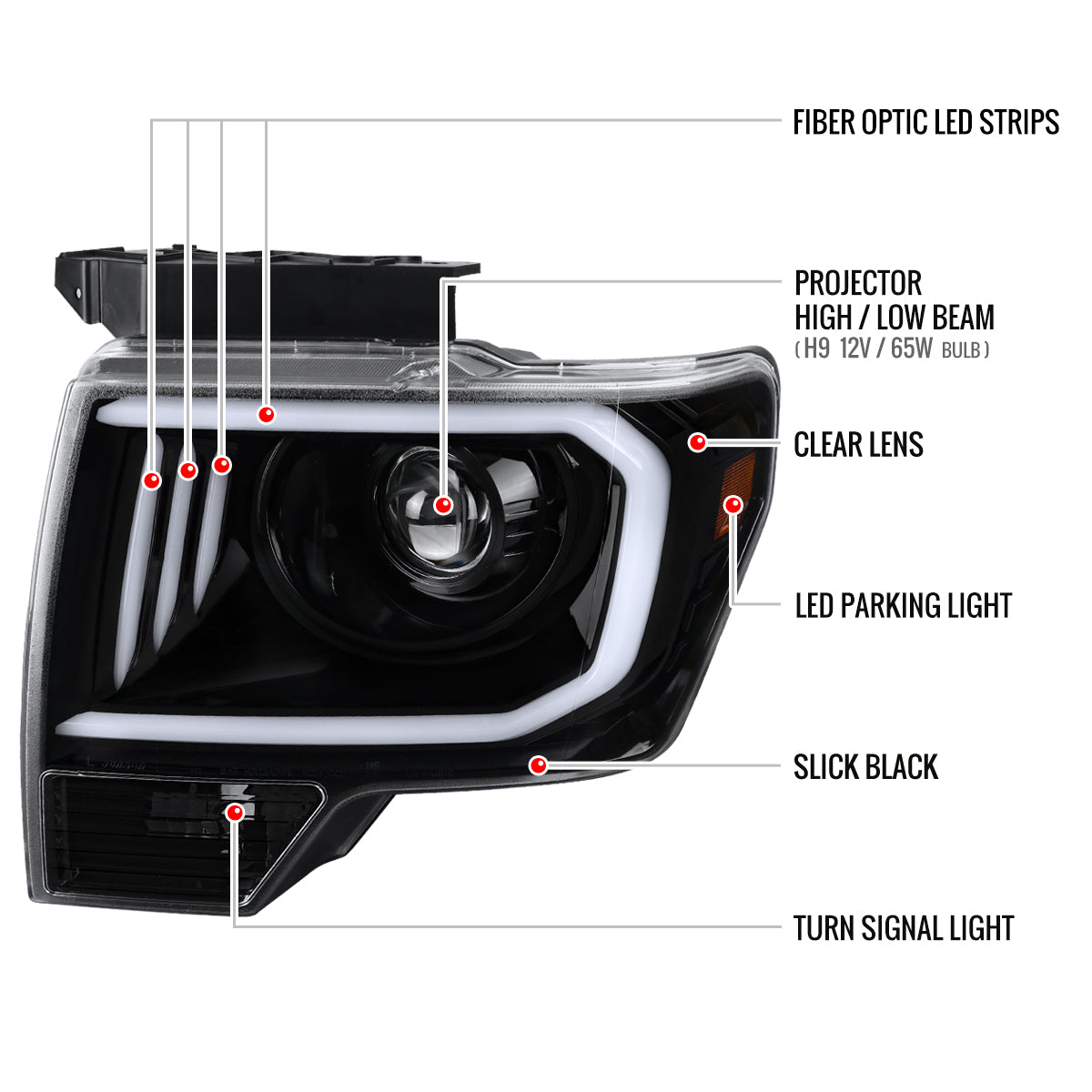 2009-2014 Ford F-150 LED C-Bar Projector Headlights (Jet Black Housing/Clear Lens)