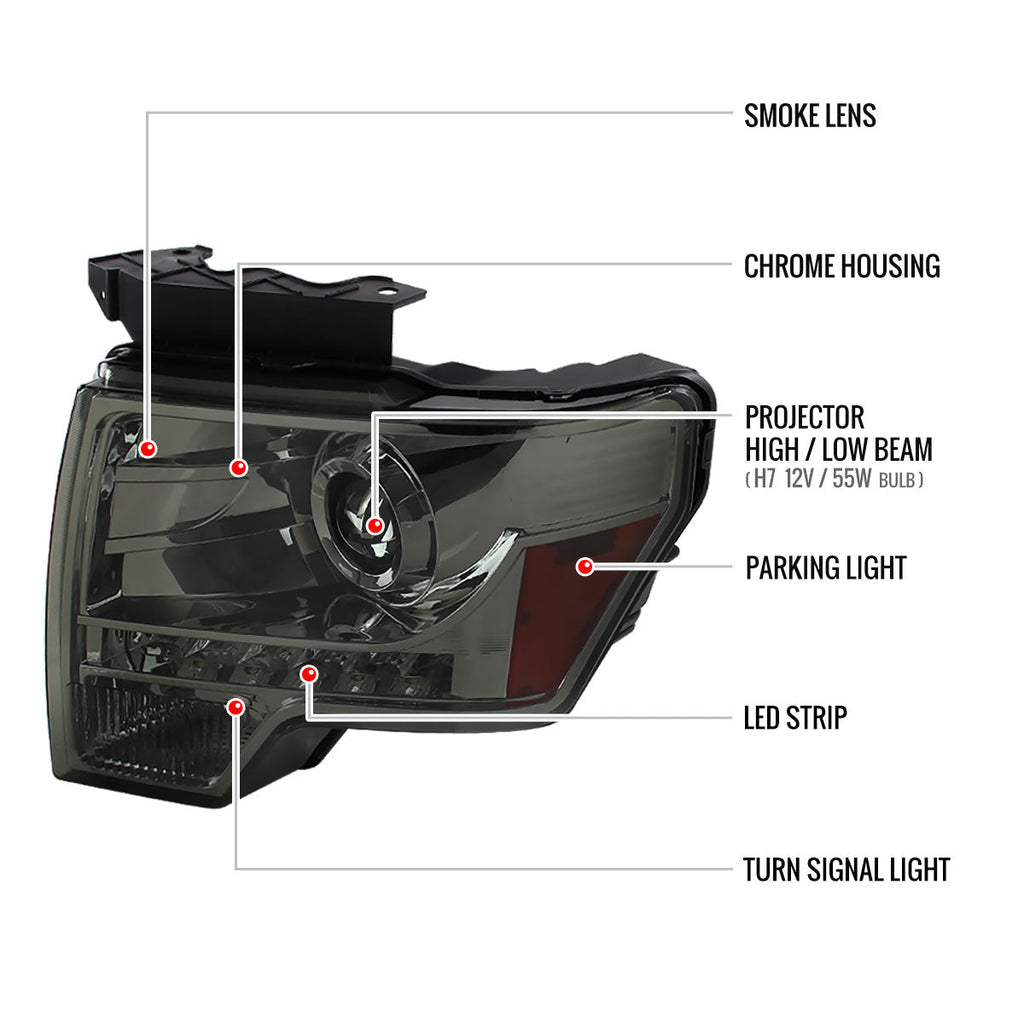 2009-2014 Ford F-150 Projector Headlights w/ LED Light Strip (Chrome Housing/Smoked Lens)