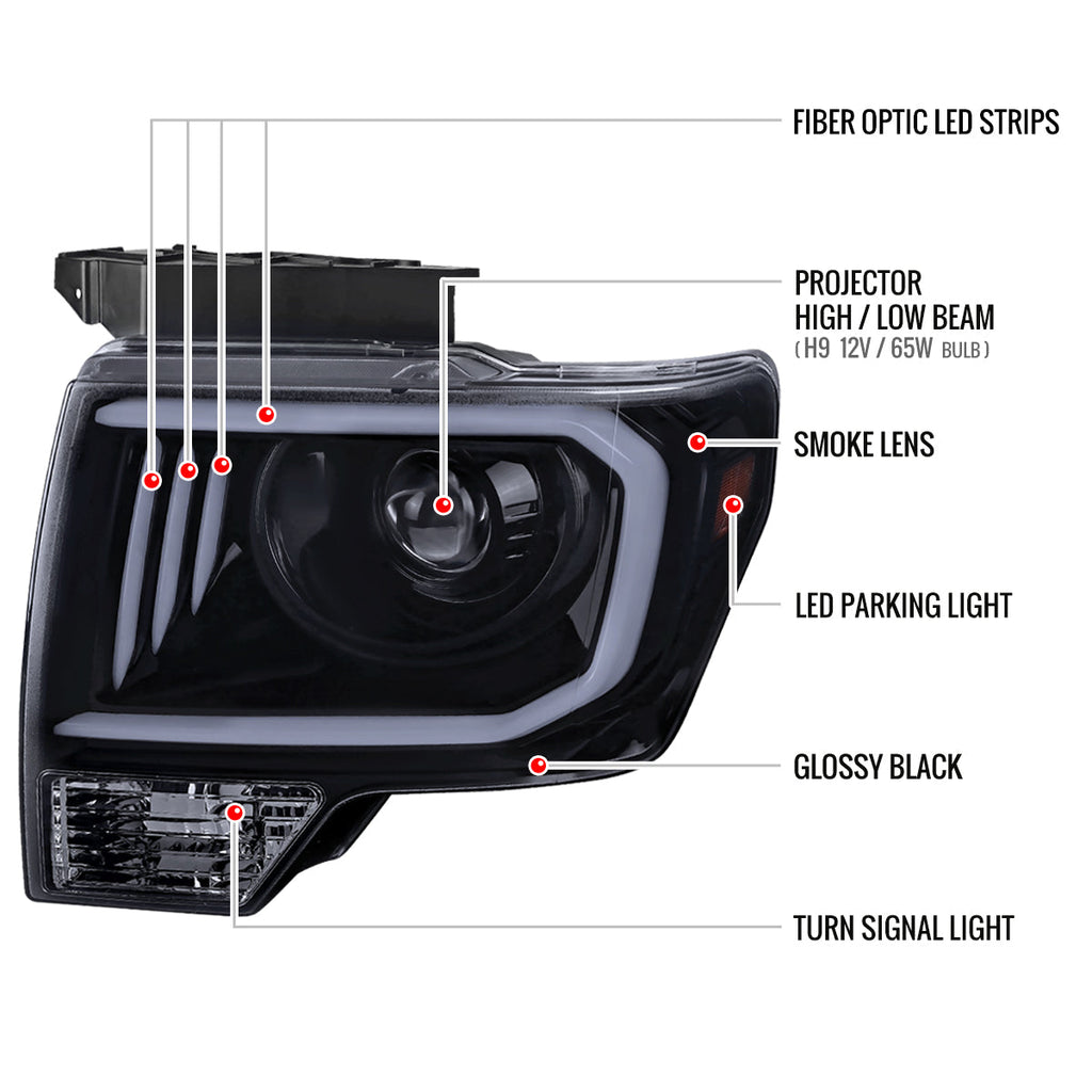 2009-2014 Ford F-150 LED C-Bar Projector Headlights (Glossy Black Housing/Smoked Lens)