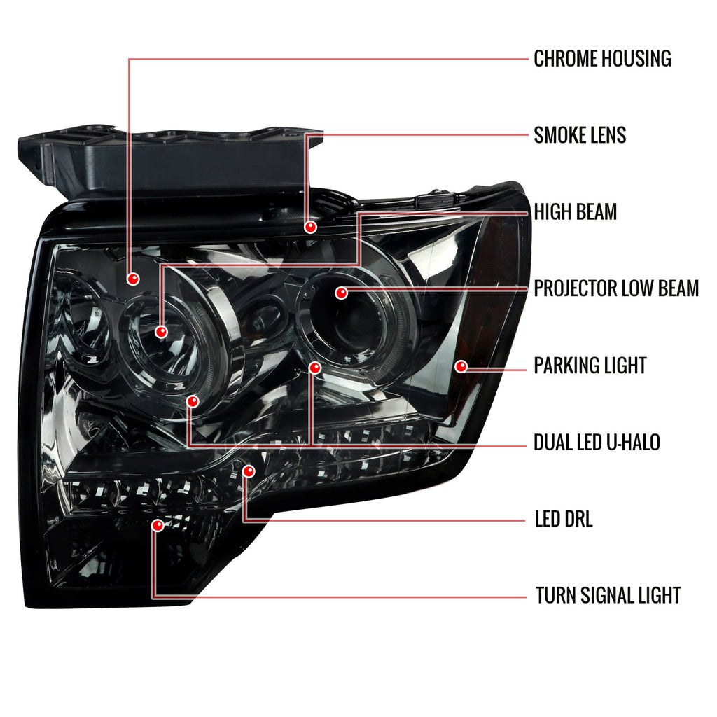 2009-2014 Ford F-150 Dual U-Ring Halo Projector Headlights w/ LED Light Strip (Chrome Housing/Smoked Lens)