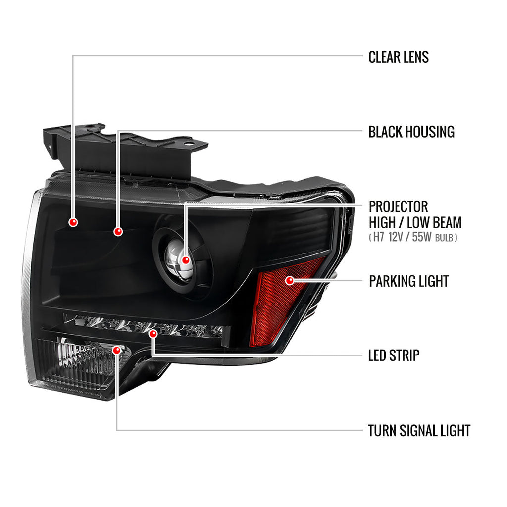 2009-2014 Ford F-150 Projector Headlights w/ LED Light Strip (Matte Black Housing/Clear Lens)
