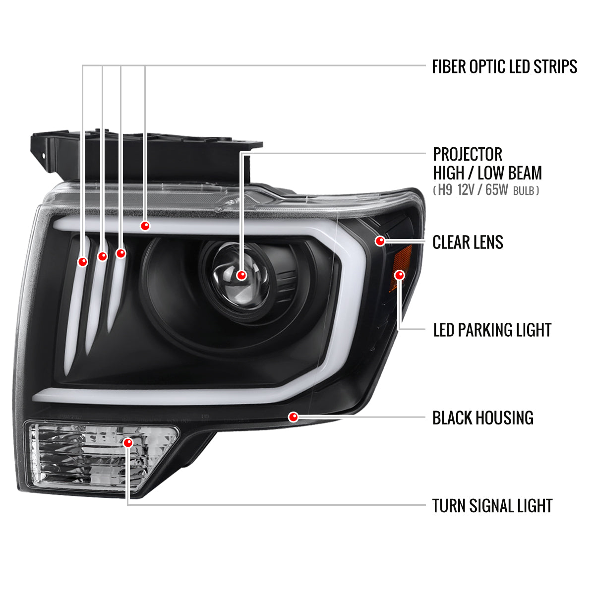 2009-2014 Ford F-150 LED C-Bar Projector Headlights (Matte Black Housing/Clear Lens)