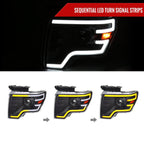 2009-2014 Ford F-150 Switchback Sequential LED Turn Signal Projector Headlights (Matte Black Housing/Clear Lens)