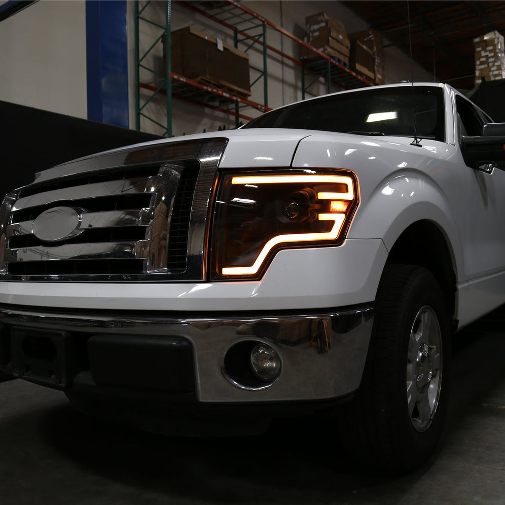 2009-2014 Ford F-150 Switchback Sequential LED Turn Signal Projector Headlights (Matte Black Housing/Clear Lens)