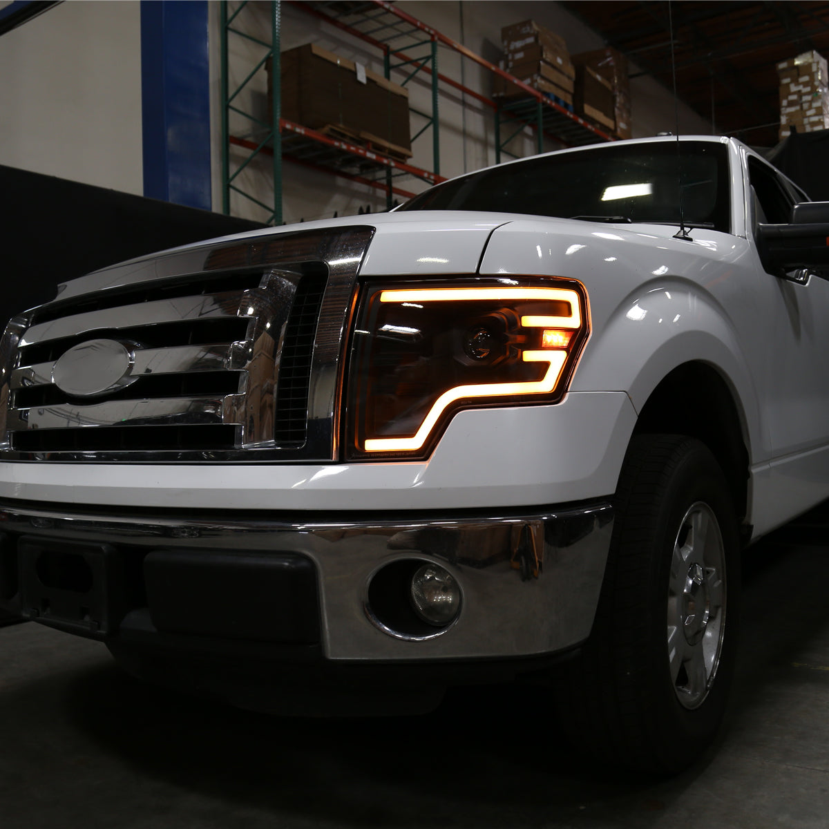 2009-2014 Ford F-150 Switchback Sequential LED Turn Signal Projector Headlights (Matte Black Housing/Clear Lens)
