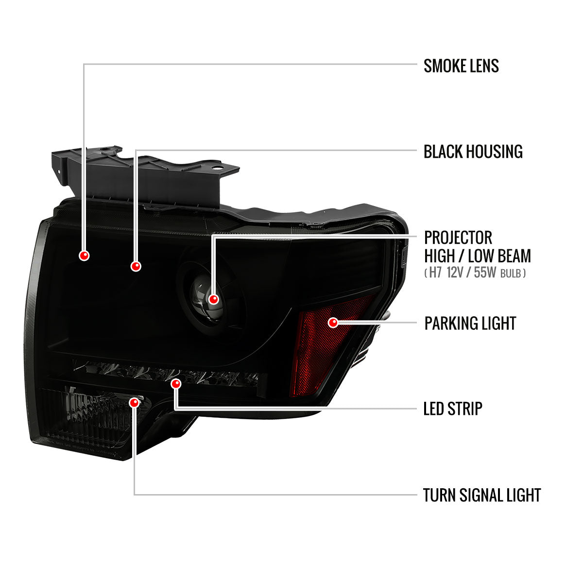 2009-2014 Ford F-150 Projector Headlights w/ LED Light Strip (Black Housing/Smoked Lens)
