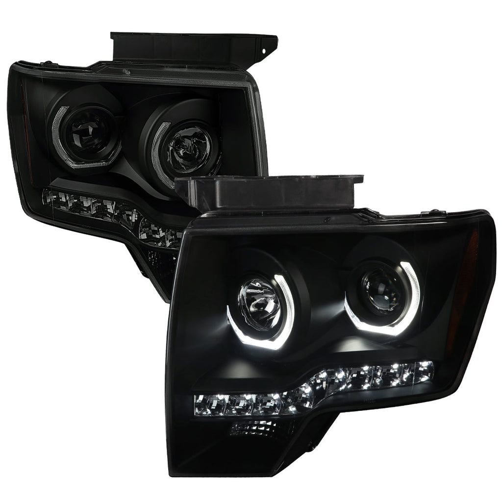 2009-2014 Ford F-150 Dual U-Ring Halo Projector Headlights w/ LED Light Strip (Black housing/Smoked Lens)