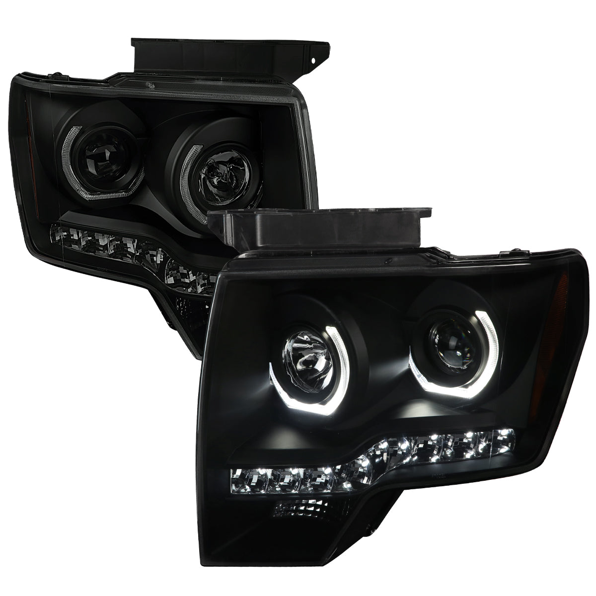 2009-2014 Ford F-150 Dual U-Ring Halo Projector Headlights w/ LED Light Strip (Black housing/Smoked Lens)