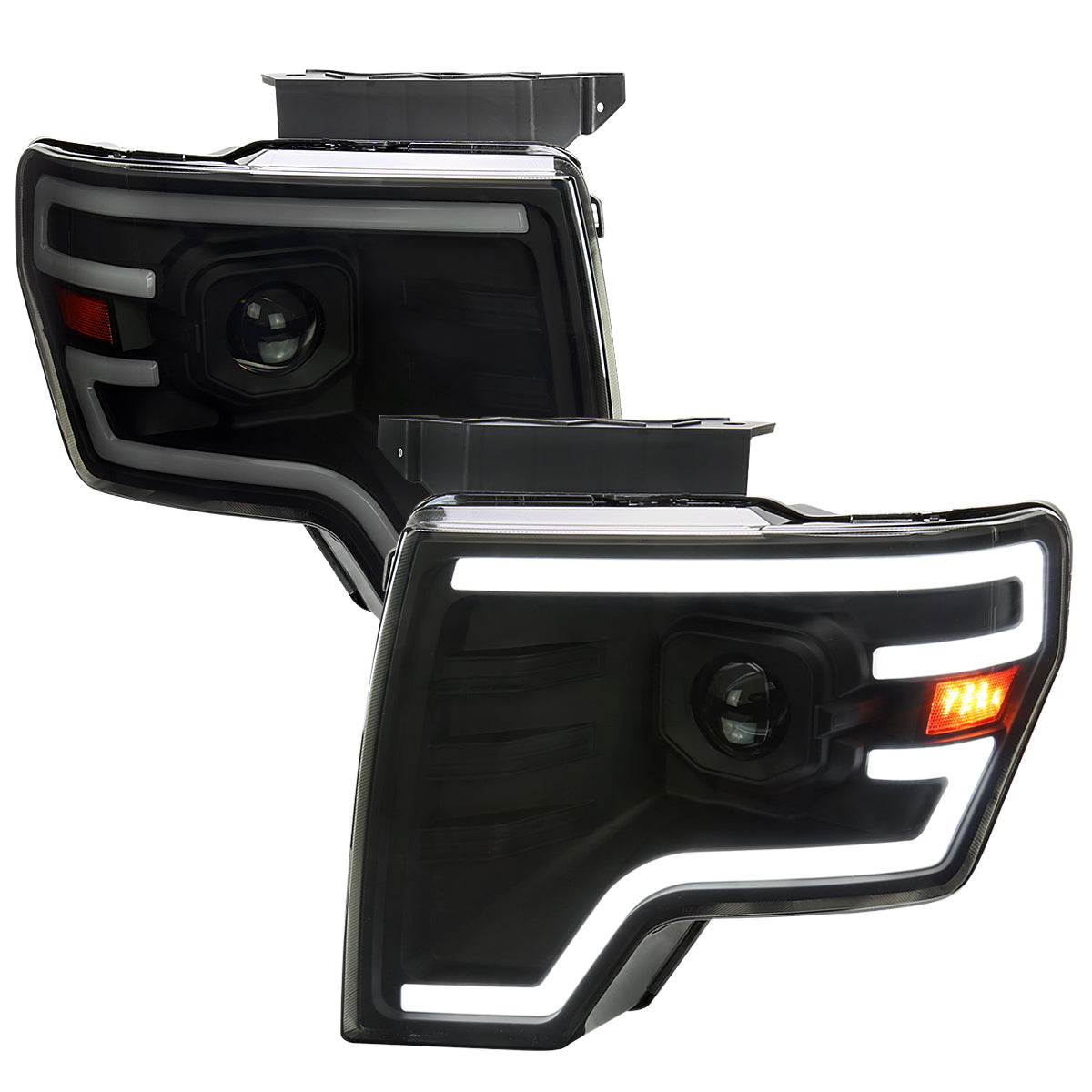 2009-2014 Ford F-150 Switchback Sequential LED Turn Signal Projector Headlights (Matte Black Housing/Smoked Lens)