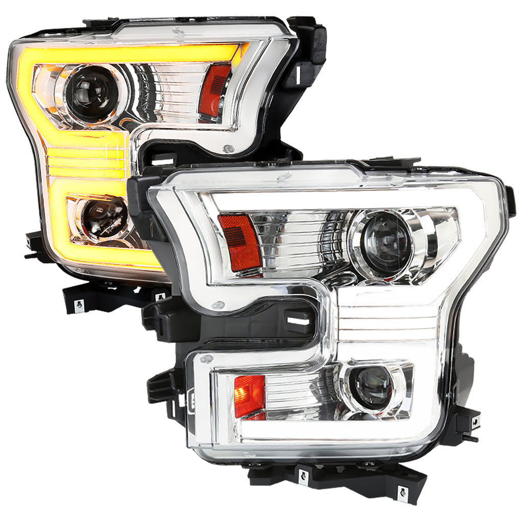 2015-2017 Ford F-150 LED Bar Projector Headlights w/ Switchback Sequential Turn Signals (Chrome Housing / Clear Lens)