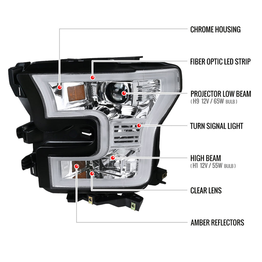 2015-2017 Ford F-150 LED Bar Projector Headlights (Chrome Housing/Clear Lens)