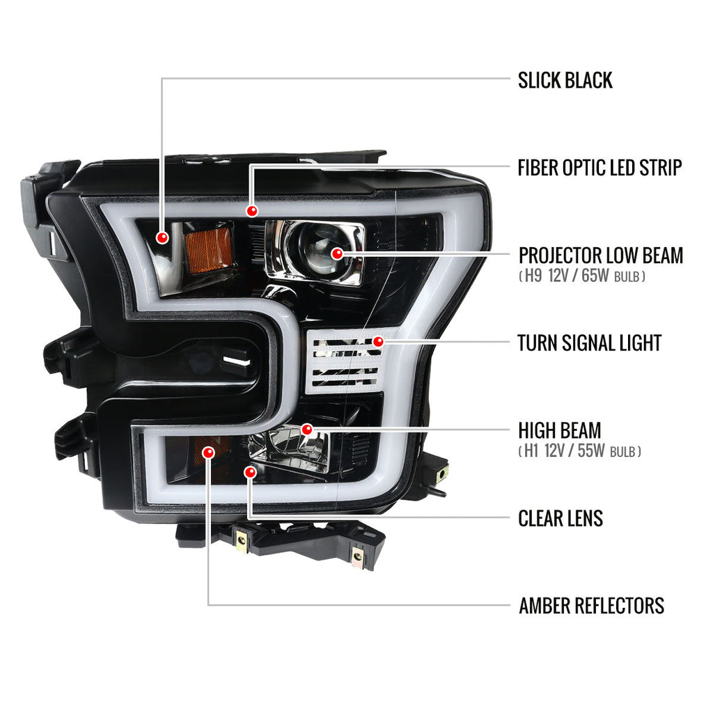 2015-2017 Ford F-150 LED Bar Projector Headlights (Jet Black Housing/Clear Lens)
