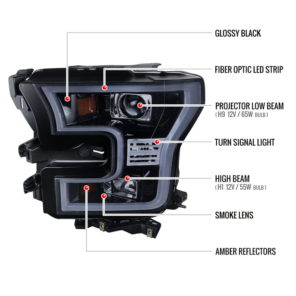 2015-2017 Ford F-150 LED Bar Outline Projector Headlights (Glossy Black Housing/Smoked Lens)
