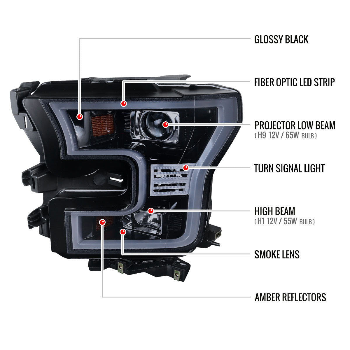 2015-2017 Ford F-150 LED Bar Outline Projector Headlights (Glossy Black Housing/Smoked Lens)