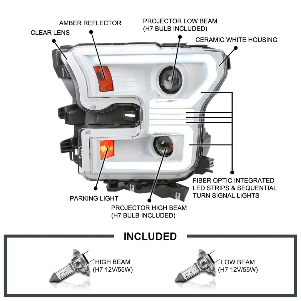 2015-2017 Ford F-150 LED Bar Projector Headlights w/ Switchback Sequential Turn Signals (White Housing / Clear Lens)