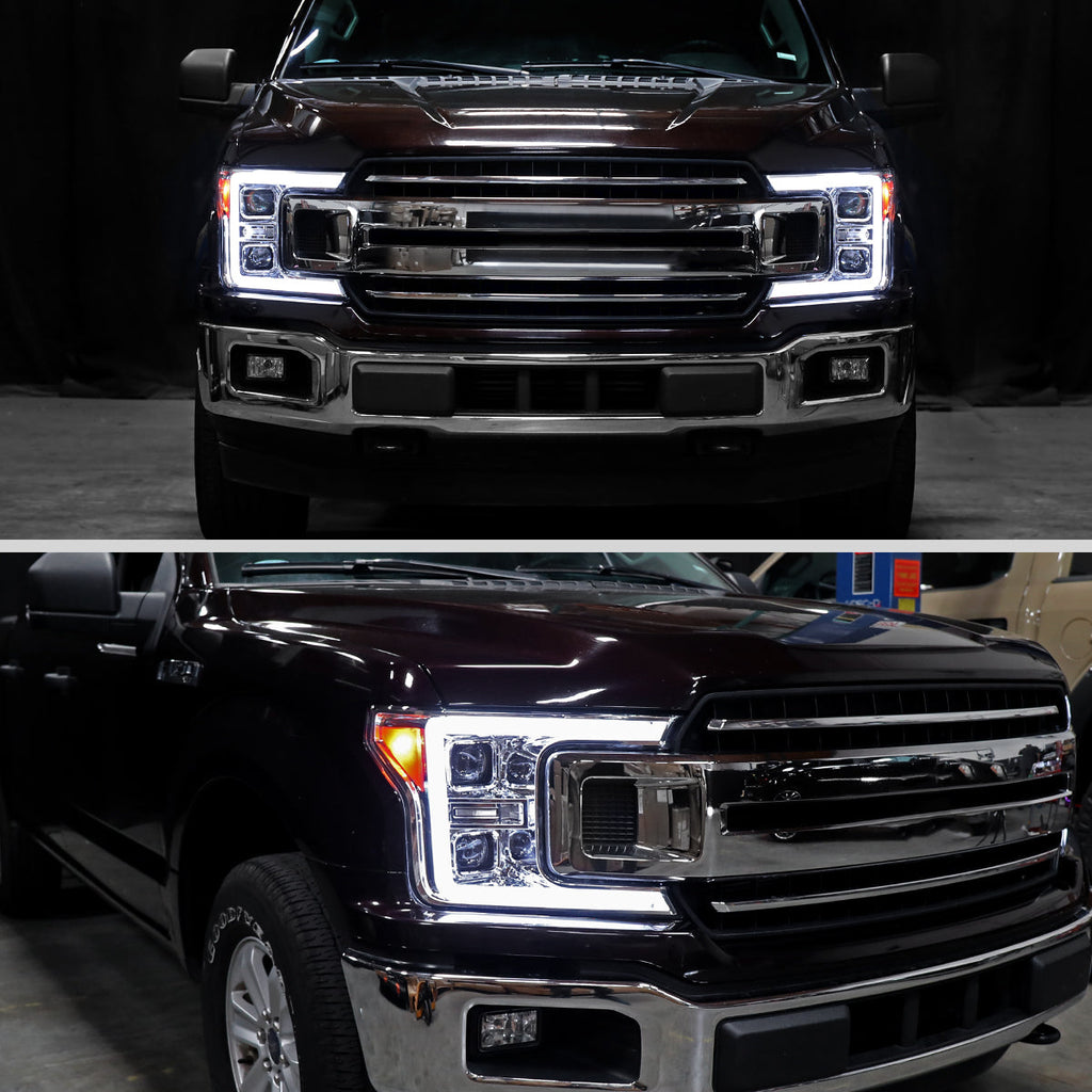 2018-2020 Ford F-150 LED C-Bar Projector Headlights w/ Switchback Sequential Turn Signal Lights (Chrome Housing / Clear Lens)