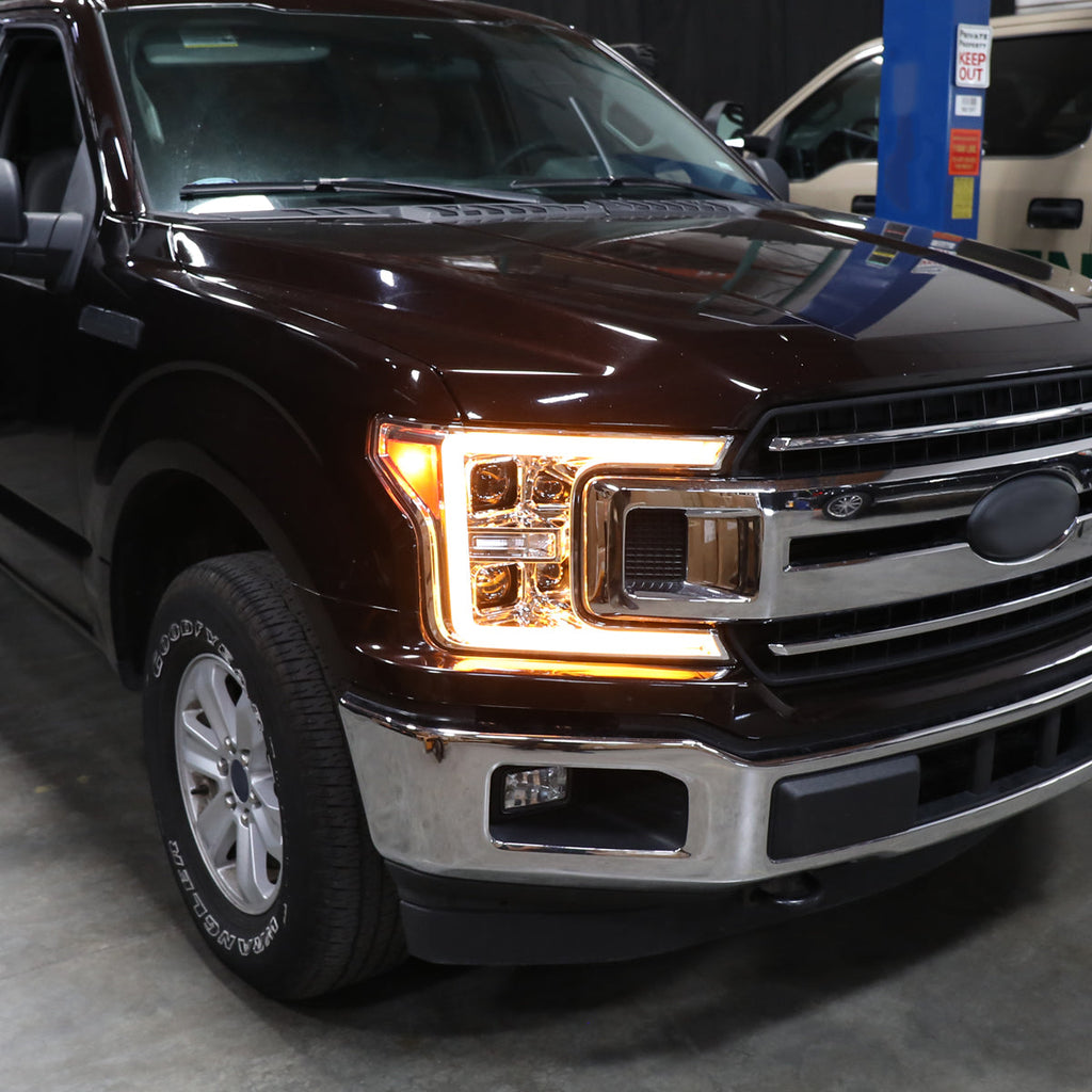 2018-2020 Ford F-150 LED C-Bar Projector Headlights w/ Switchback Sequential Turn Signal Lights (Chrome Housing / Clear Lens)