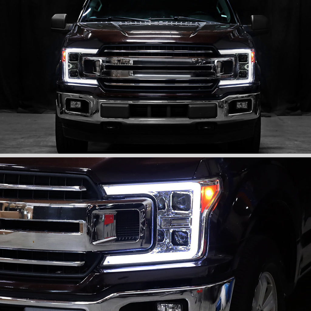 2018-2020 Ford F-150 LED C-Bar Projector Headlights w/ Switchback Sequential Turn Signal Lights (Chrome Housing / Smoked Lens)