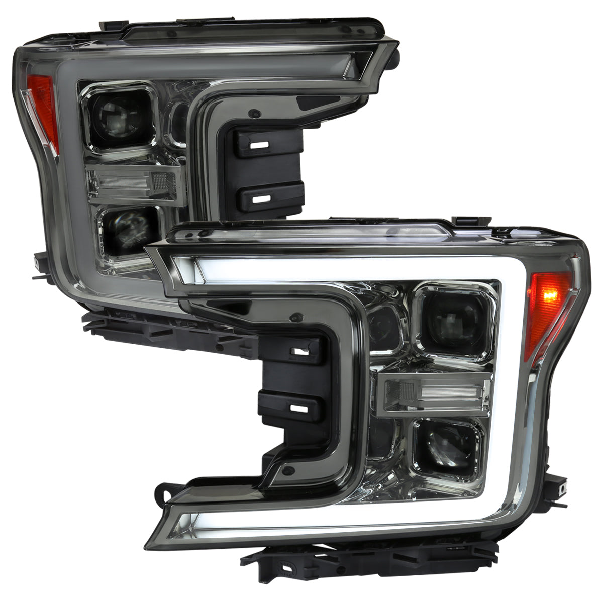 2018-2020 Ford F-150 LED C-Bar Projector Headlights w/ Switchback Sequential Turn Signal Lights (Chrome Housing / Smoked Lens)