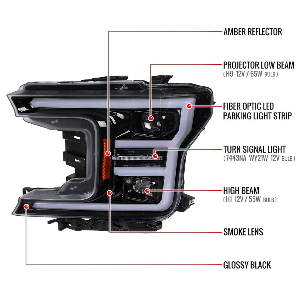 2018-2020 Ford F-150 LED C-Bar Projector Headlights (Black Housing / Smoked Lens)