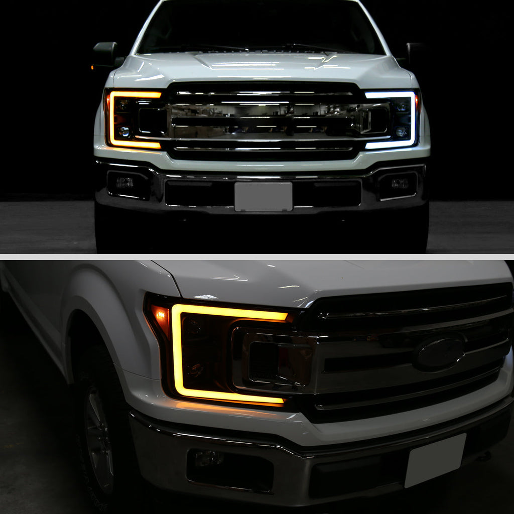 2018-2020 Ford F-150 LED C-Bar Projector Headlights w/ Switchback Sequential Turn Signal Lights (Matte Black Housing / Clear Lens)