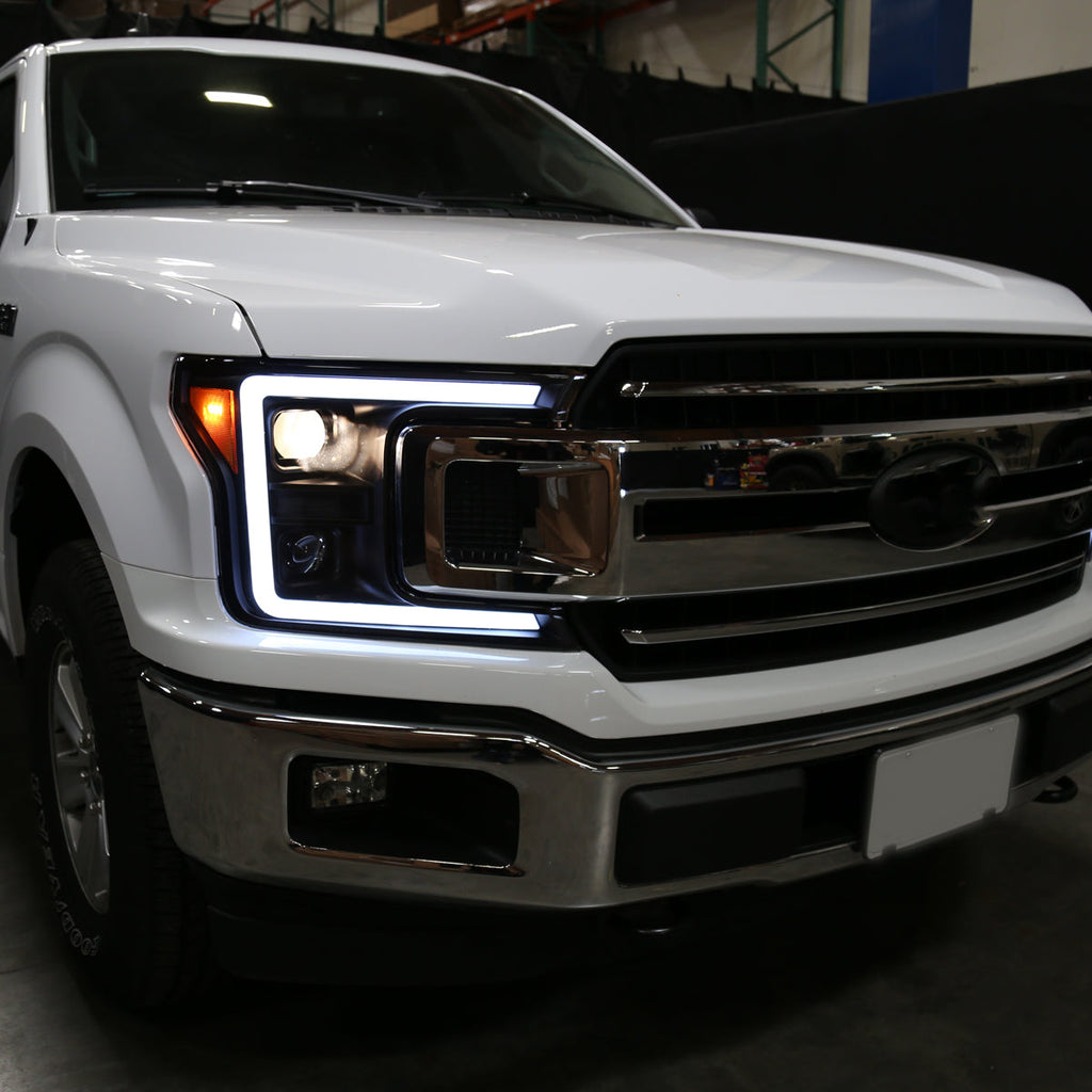 2018-2020 Ford F-150 LED C-Bar Projector Headlights w/ Switchback Sequential Turn Signal Lights (Matte Black Housing / Clear Lens)