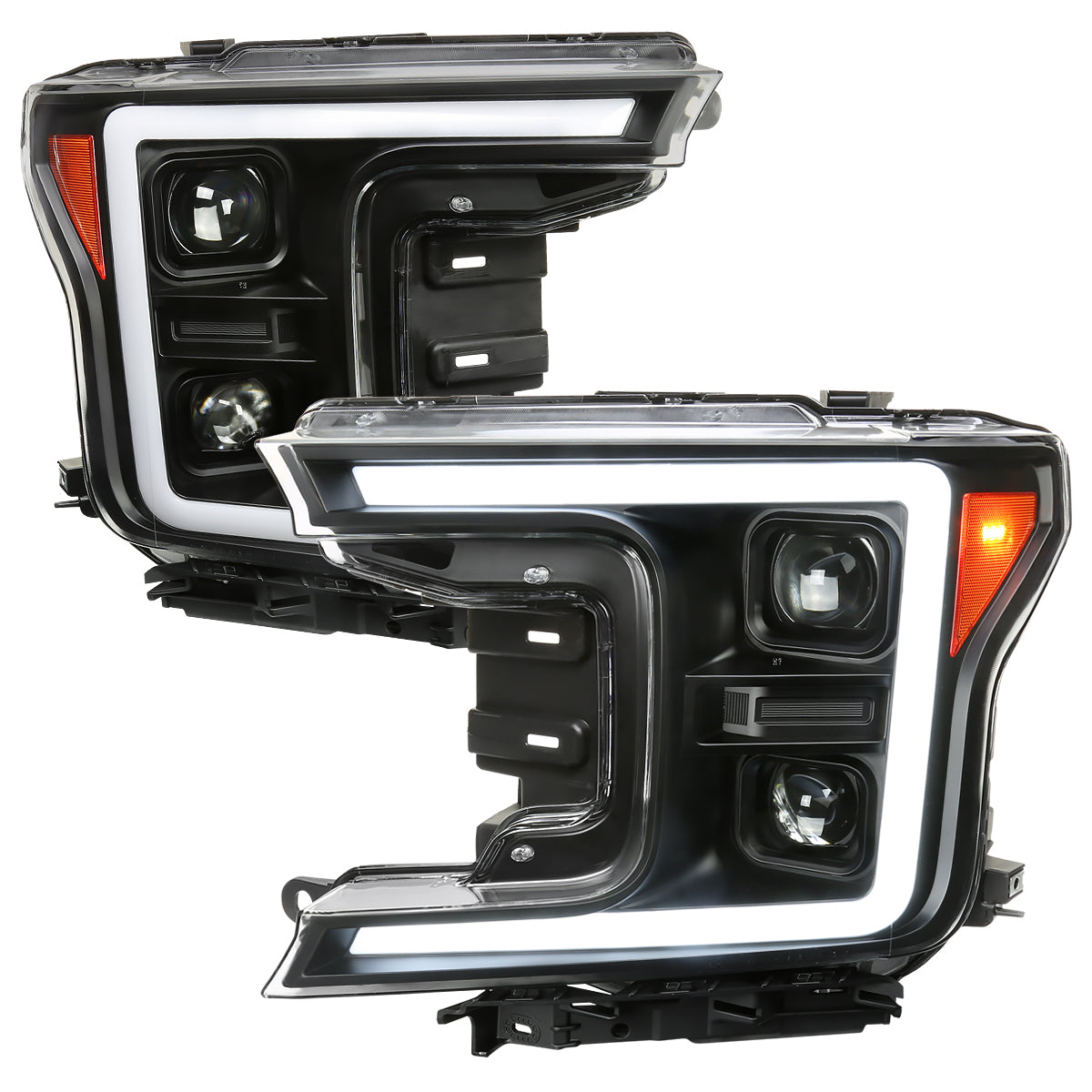 2018-2020 Ford F-150 LED C-Bar Projector Headlights w/ Switchback Sequential Turn Signal Lights (Matte Black Housing / Clear Lens)