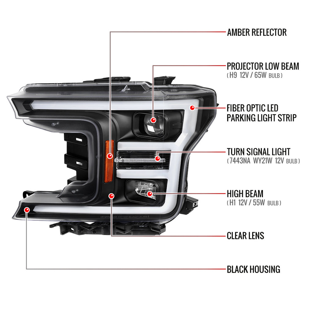 2018-2020 Ford F-150 LED C-Bar Projector Headlights (Black Housing / Clear Lens)