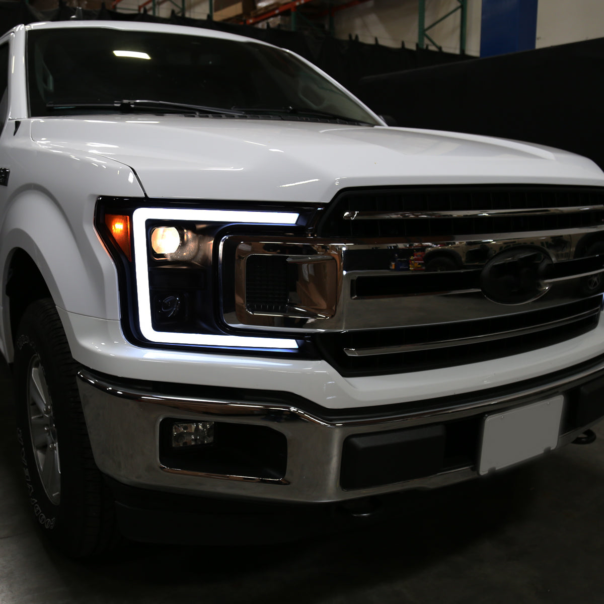 2018-2020 Ford F-150 LED C-Bar Projector Headlights w/ Switchback Sequential Turn Signal Lights (Matte Black Housing / Smoked Lens)