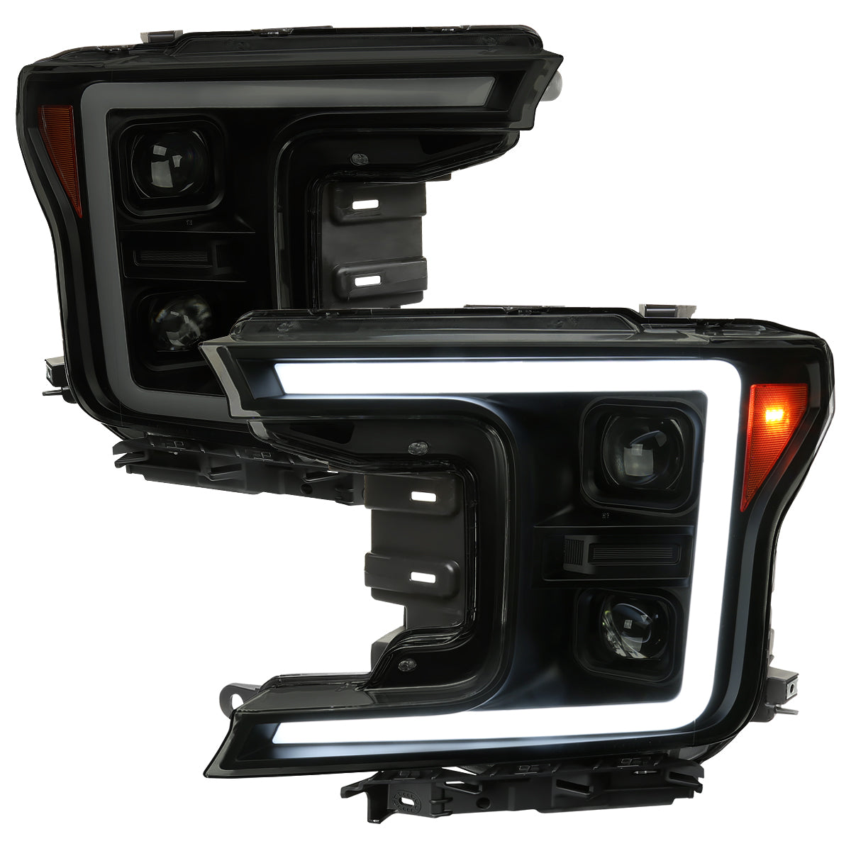 2018-2020 Ford F-150 LED C-Bar Projector Headlights w/ Switchback Sequential Turn Signal Lights (Matte Black Housing / Smoked Lens)