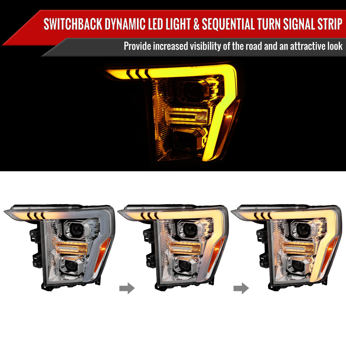 2021-2023 Ford F-150 Projector Headlight w/ Switchback Sequential Turn Signal LED Bar (Chrome Housing / Clear Lens)