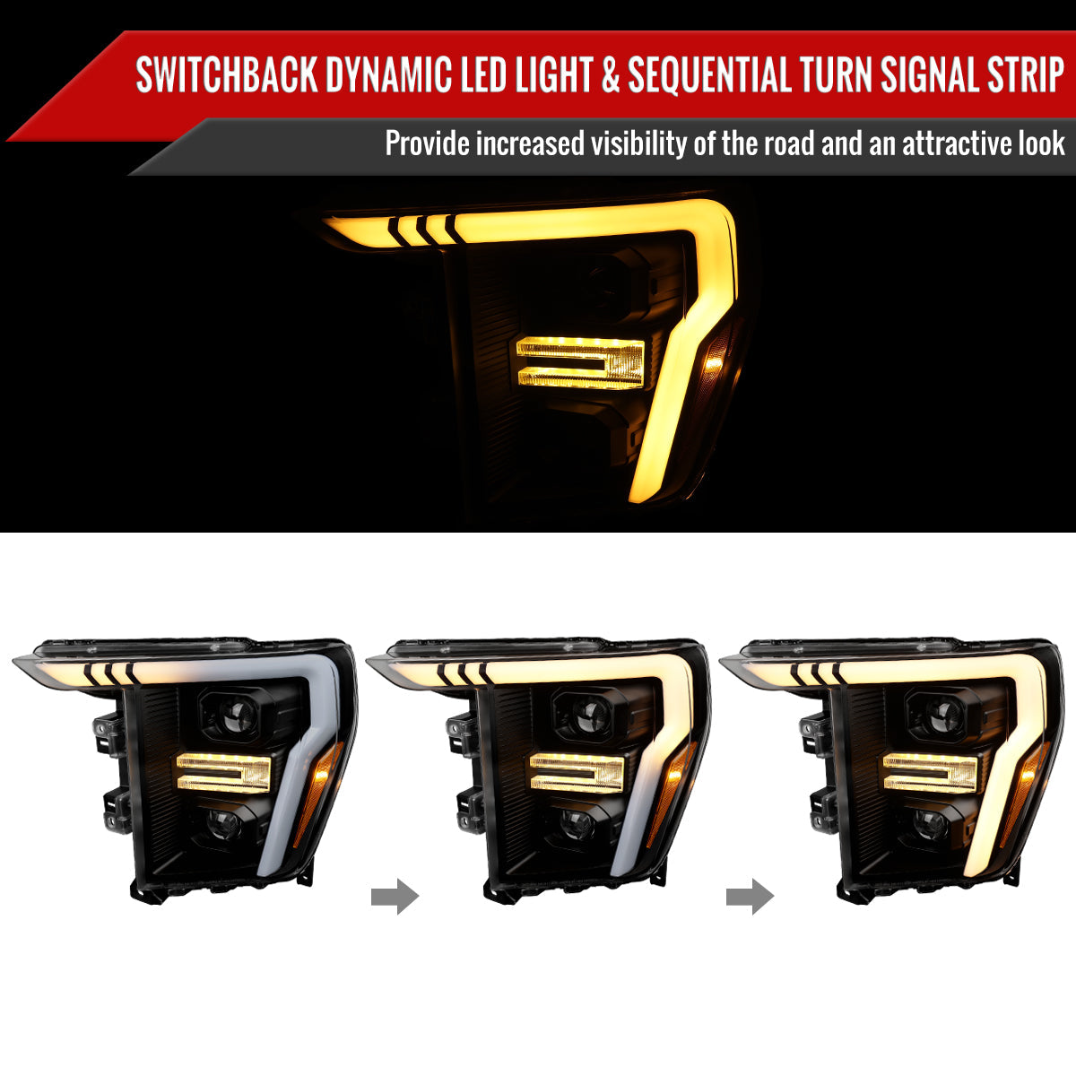 2021-2023 Ford F-150 Projector Headlight w/ Switchback Sequential Turn Signal LED Bar (Black Housing / Clear Lens)