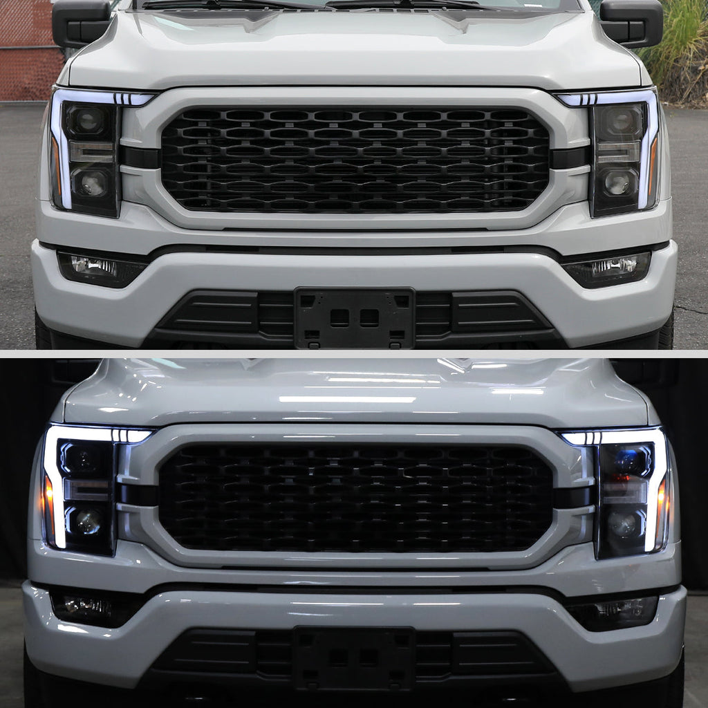 2021-2023 Ford F-150 Projector Headlight w/ Switchback Sequential Turn Signal LED Bar (Black Housing / Clear Lens)