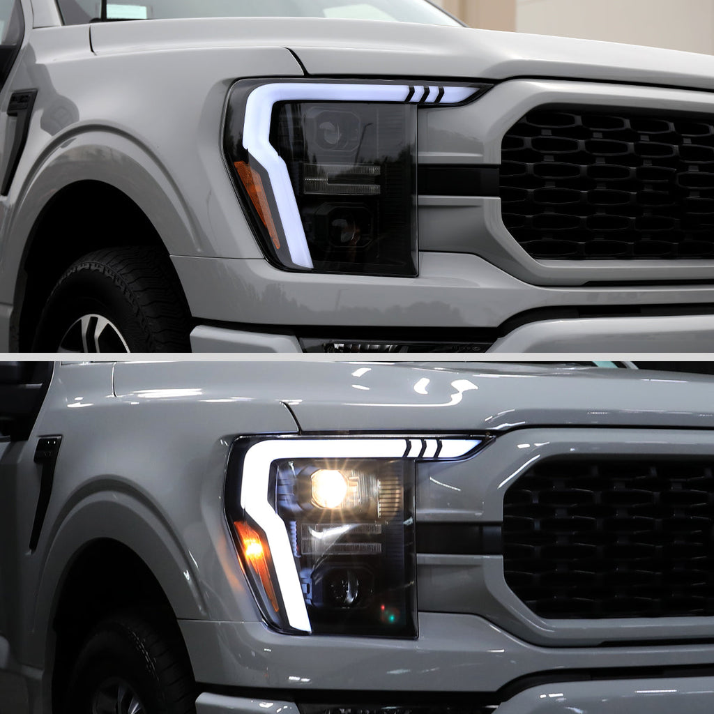 2021-2023 Ford F-150 Projector Headlight w/ Switchback Sequential Turn Signal LED Bar (Black Housing / Clear Lens)