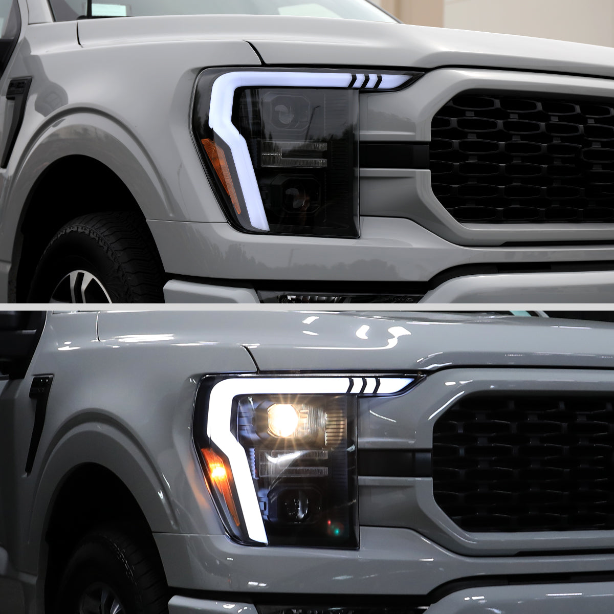 2021-2023 Ford F-150 Projector Headlight w/ Switchback Sequential Turn Signal LED Bar (Black Housing / Clear Lens)