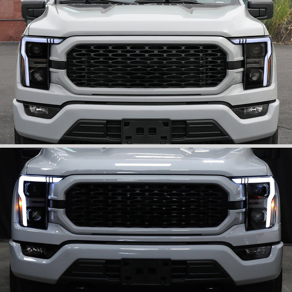 2021-2023 Ford F-150 Projector Headlight w/ Switchback Sequential Turn Signal LED Bar (Black Housing / Smoked Lens)