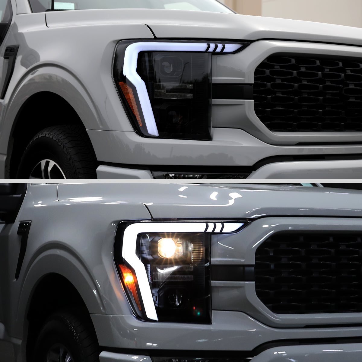 2021-2023 Ford F-150 Projector Headlight w/ Switchback Sequential Turn Signal LED Bar (Black Housing / Smoked Lens)