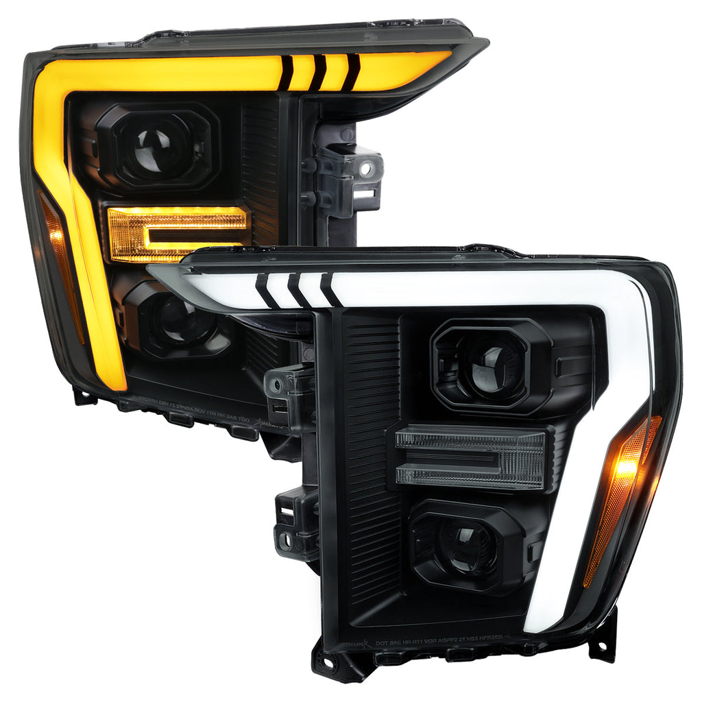 2021-2023 Ford F-150 Projector Headlight w/ Switchback Sequential Turn Signal LED Bar (Black Housing / Smoked Lens)