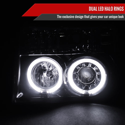 1992-1996 Ford F-150 F-250 F-350 Bronco Dual Halo Projector Headlights (Glossy Black Housing/Smoked Lens)