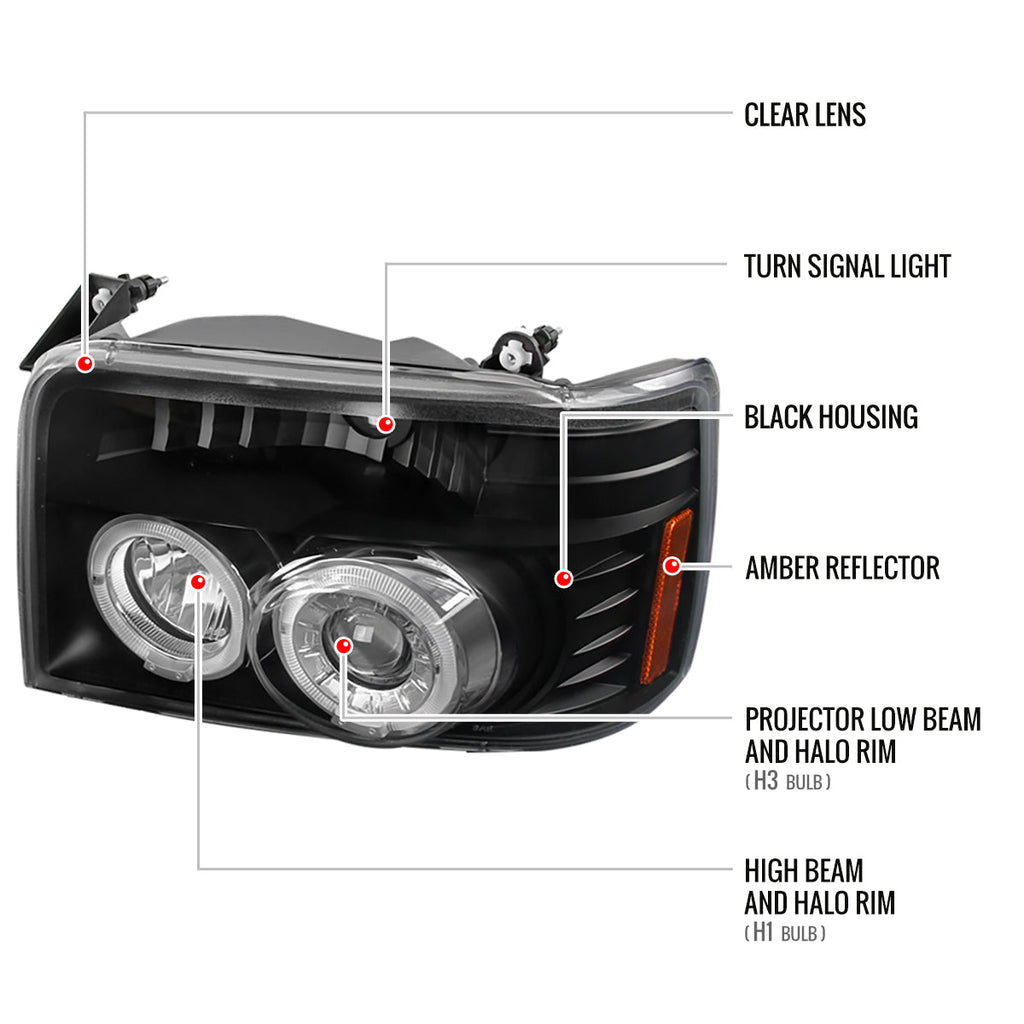 1992-1996 Ford F-150 F-250 F-350 Bronco Dual Halo Projector Headlights - V2 (Matte Black Housing/Clear Lens)