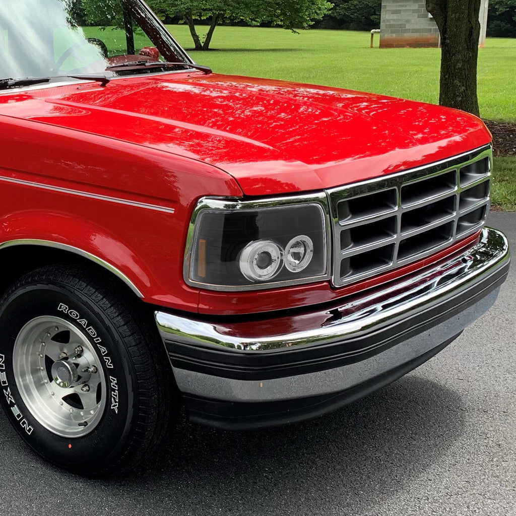 1992-1996 Ford F-150 F-250 F-350 Bronco Dual Halo Projector Headlights - V2 (Matte Black Housing/Clear Lens)
